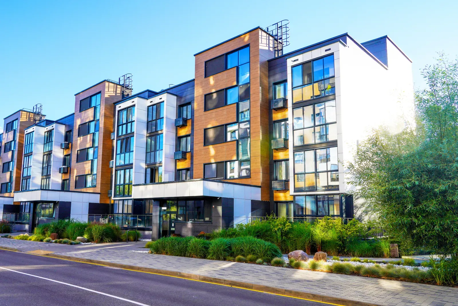 Modern apartment building exterior on a clear morning