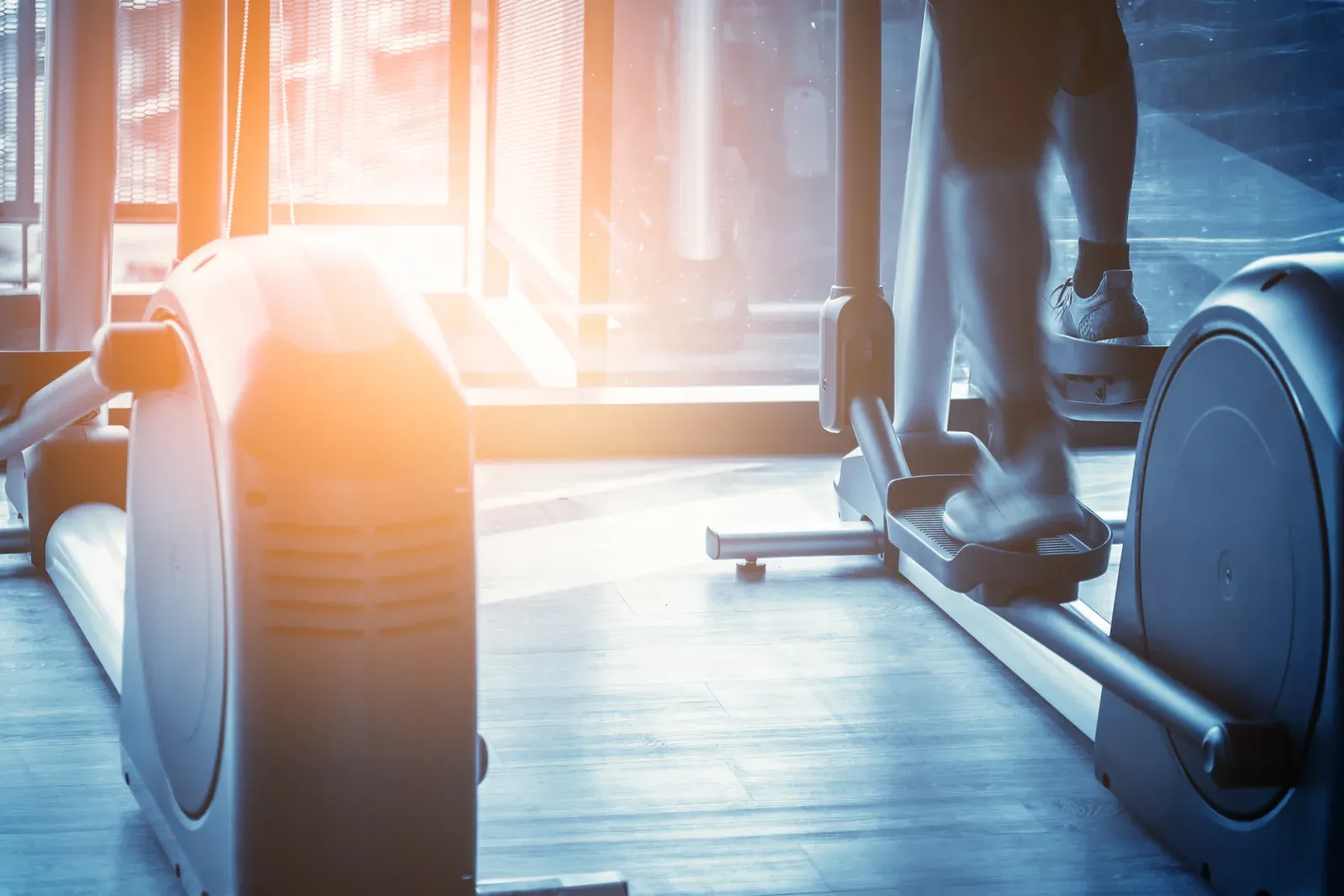 Rows of treadmills in use at a fitness club