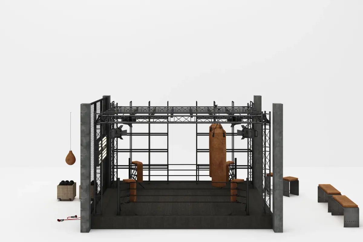 Boxing ring and boxing gym equipment in a loft style space, a flex industrial space idea for a training gym