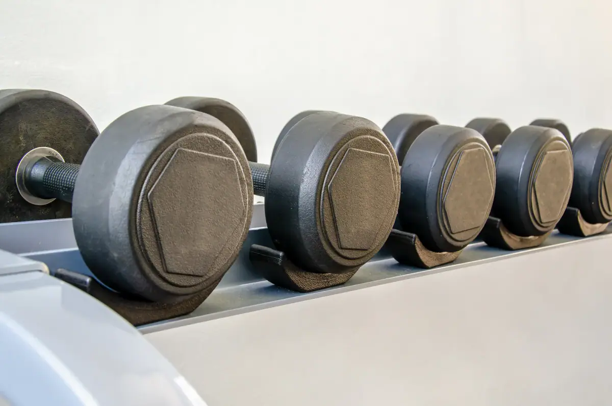 Dumbbells of different weights and sizes on a gym rack, equipment to weigh up for a garage gym or rented suite