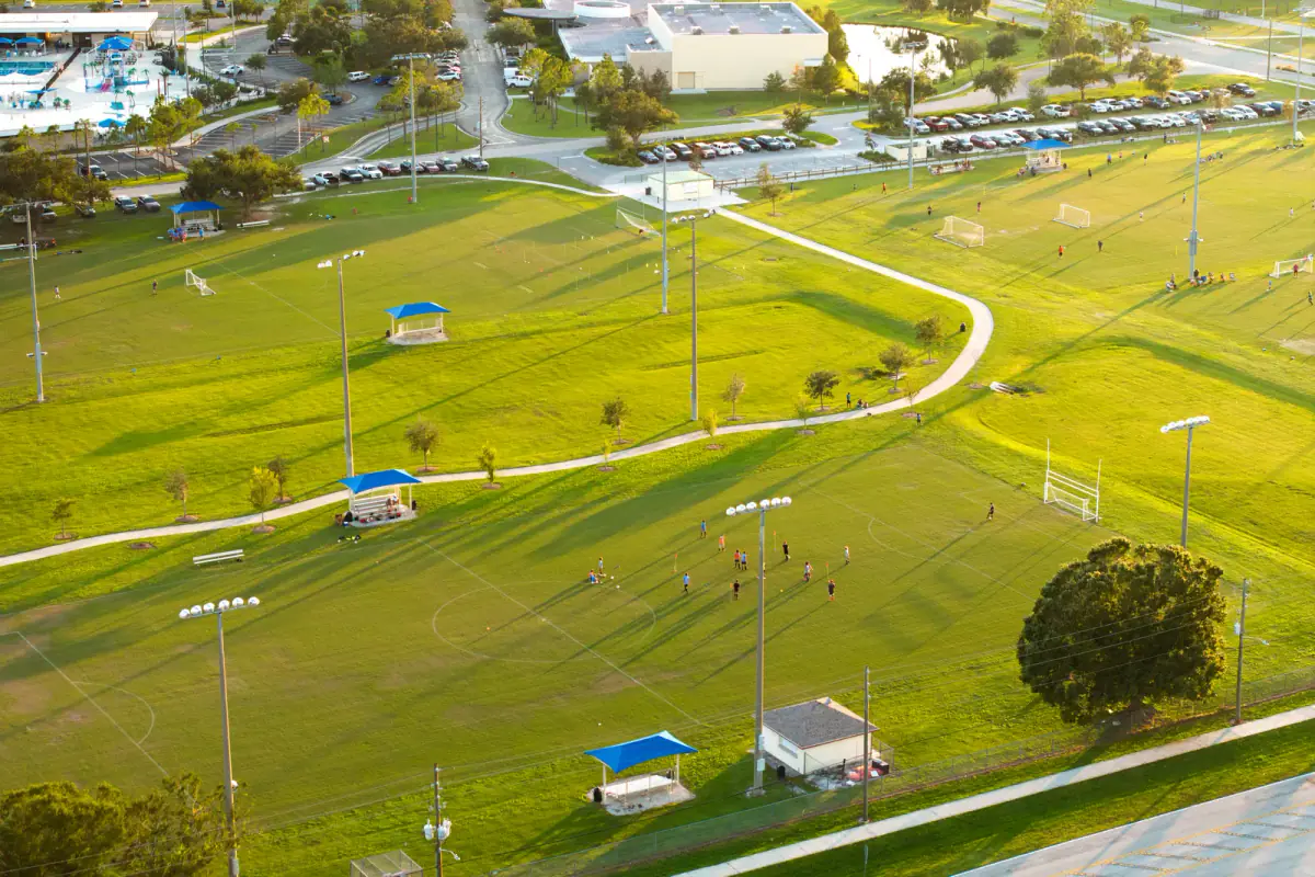 Aerial view of a large multi field youth sports campus
