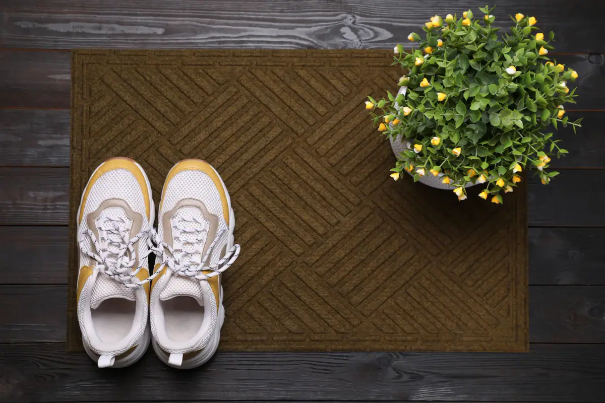 New door mat with shoes and a plant on a wooden floor, a home entrance relevant to a home occupation permit for a trainer