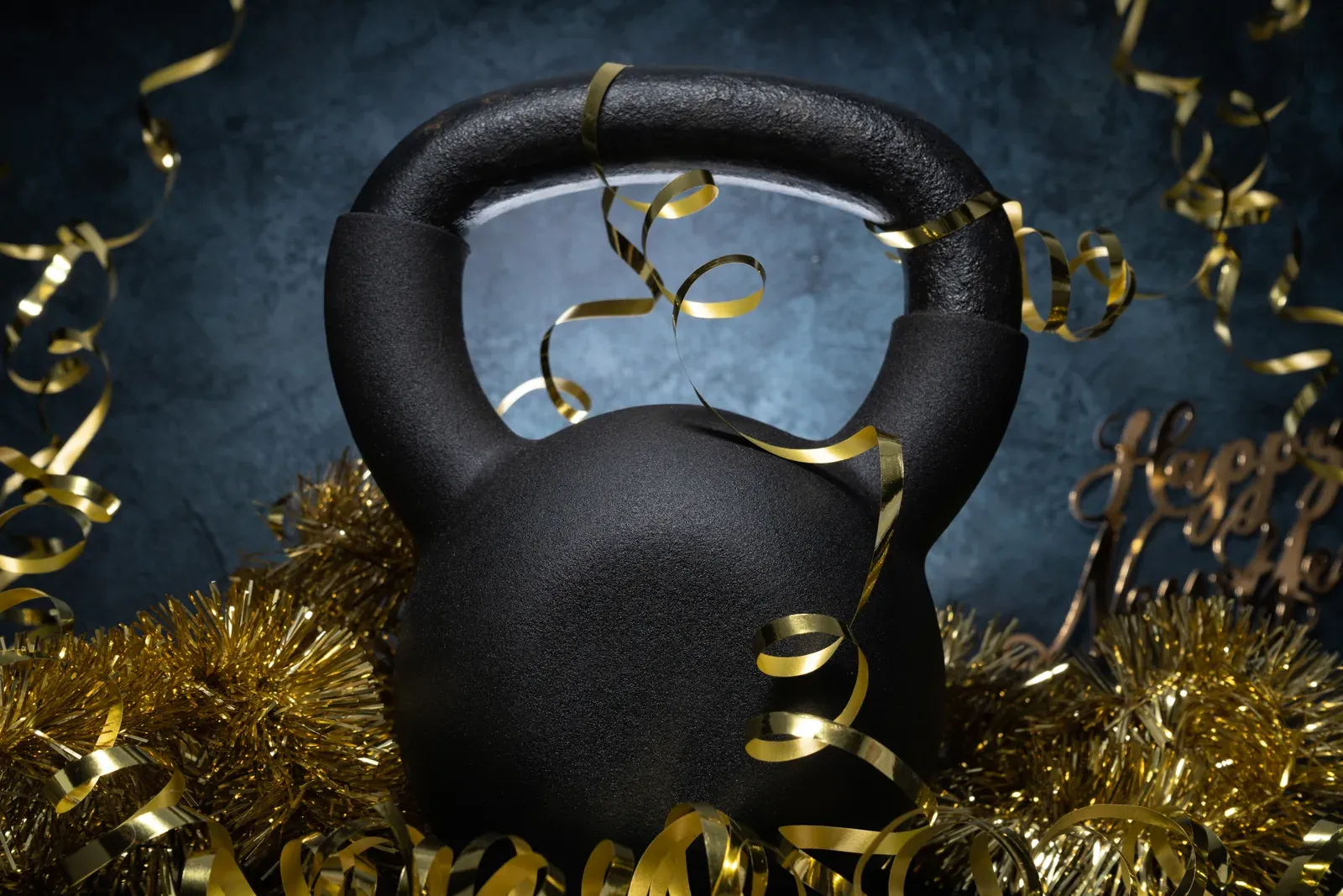 Kettlebell surrounded by golden New Year decorations, ready for January resolutions