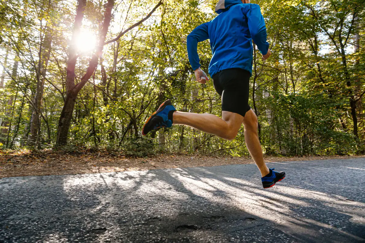 A runner striding down a sunlit paved trail lined with trees
