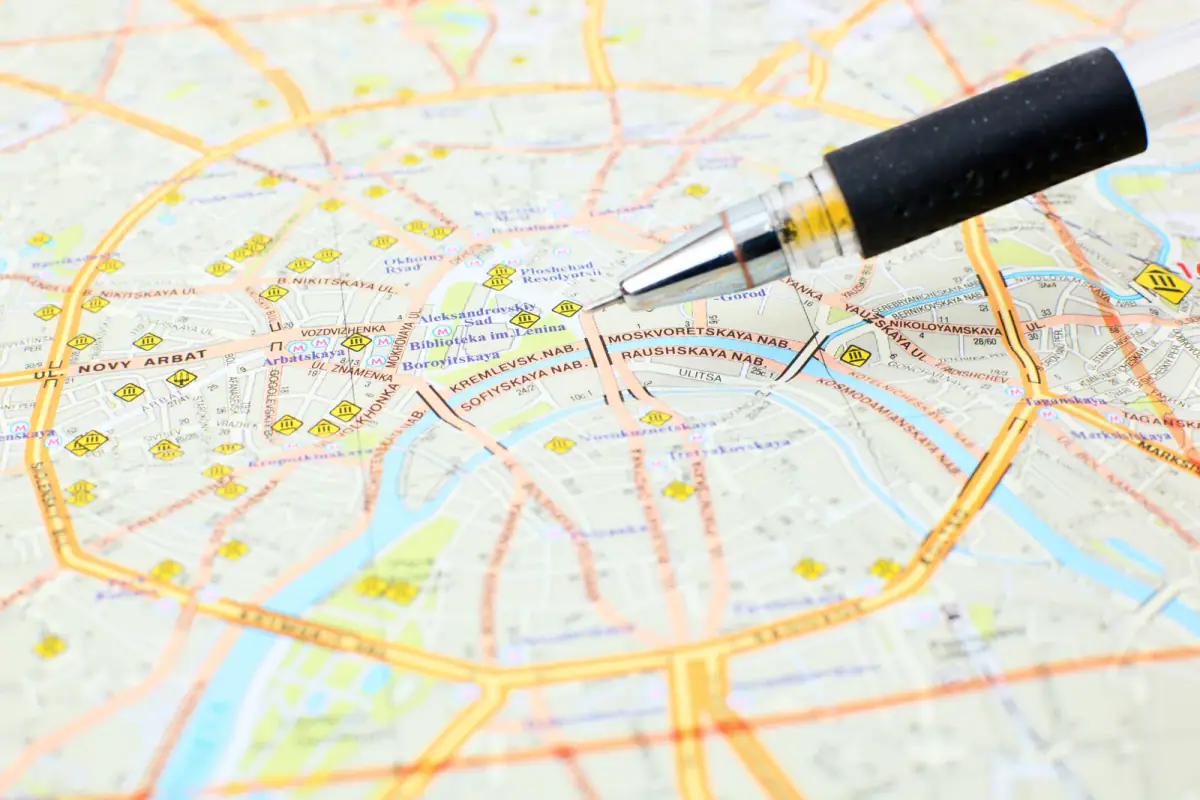 Map detail of a city center, a way to picture a non-compete radius for personal trainers