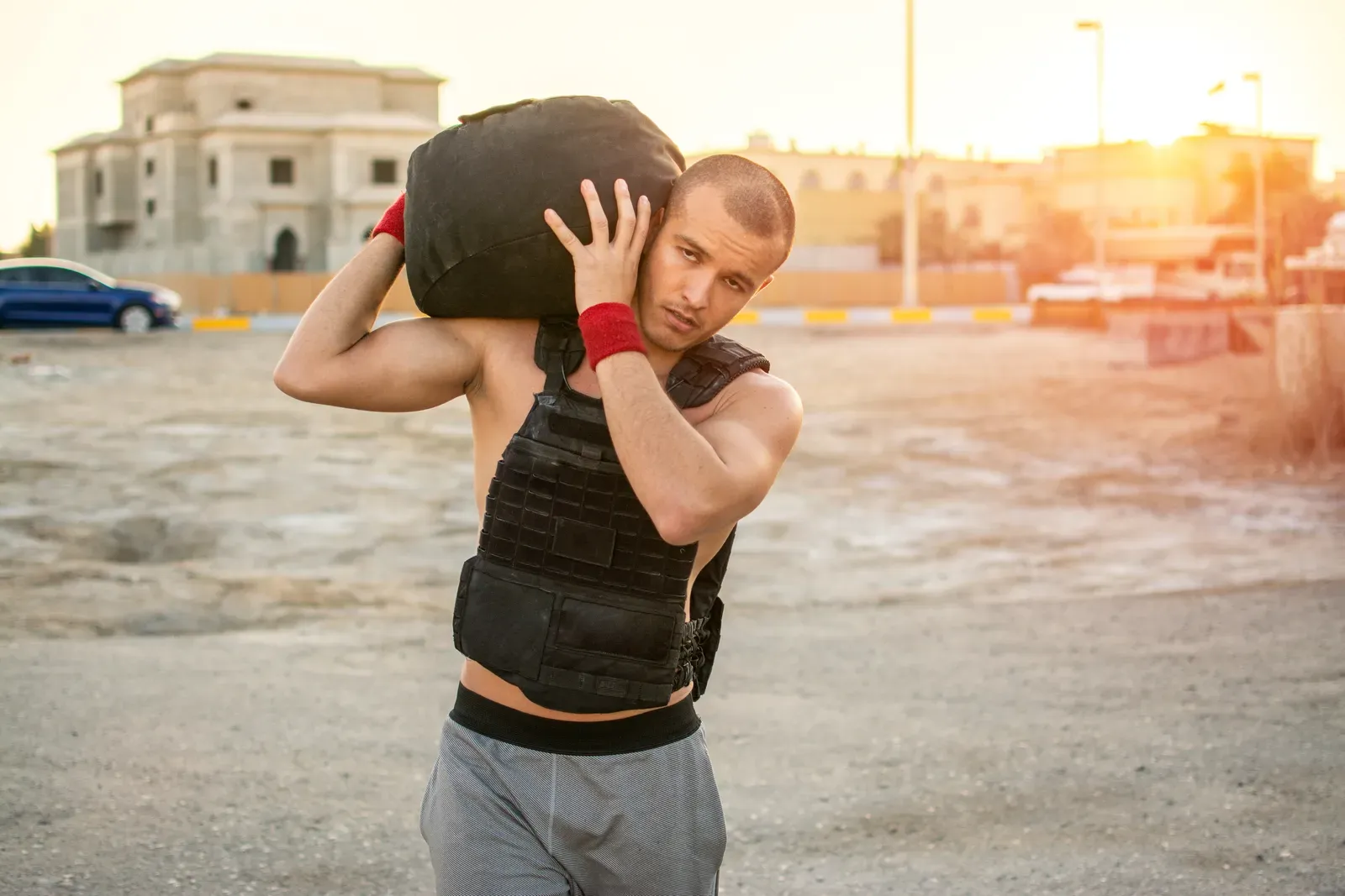 An athlete carrying a heavy sandbag across the shoulders during a workout
