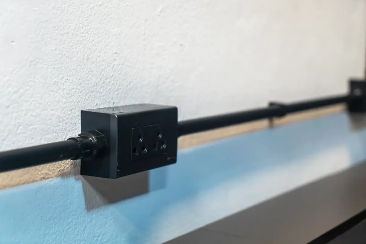 Wall mounted electrical outlet and wiring, the kind of power supply to plan for in a training room