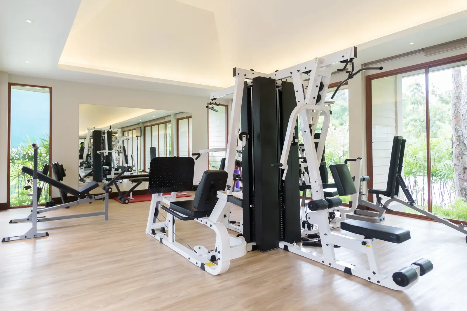 Small personal training studio with a rack and free weights