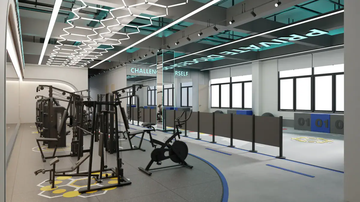 A modern gym interior with workout machines and motivational lighting, relevant to private and semi-private training areas