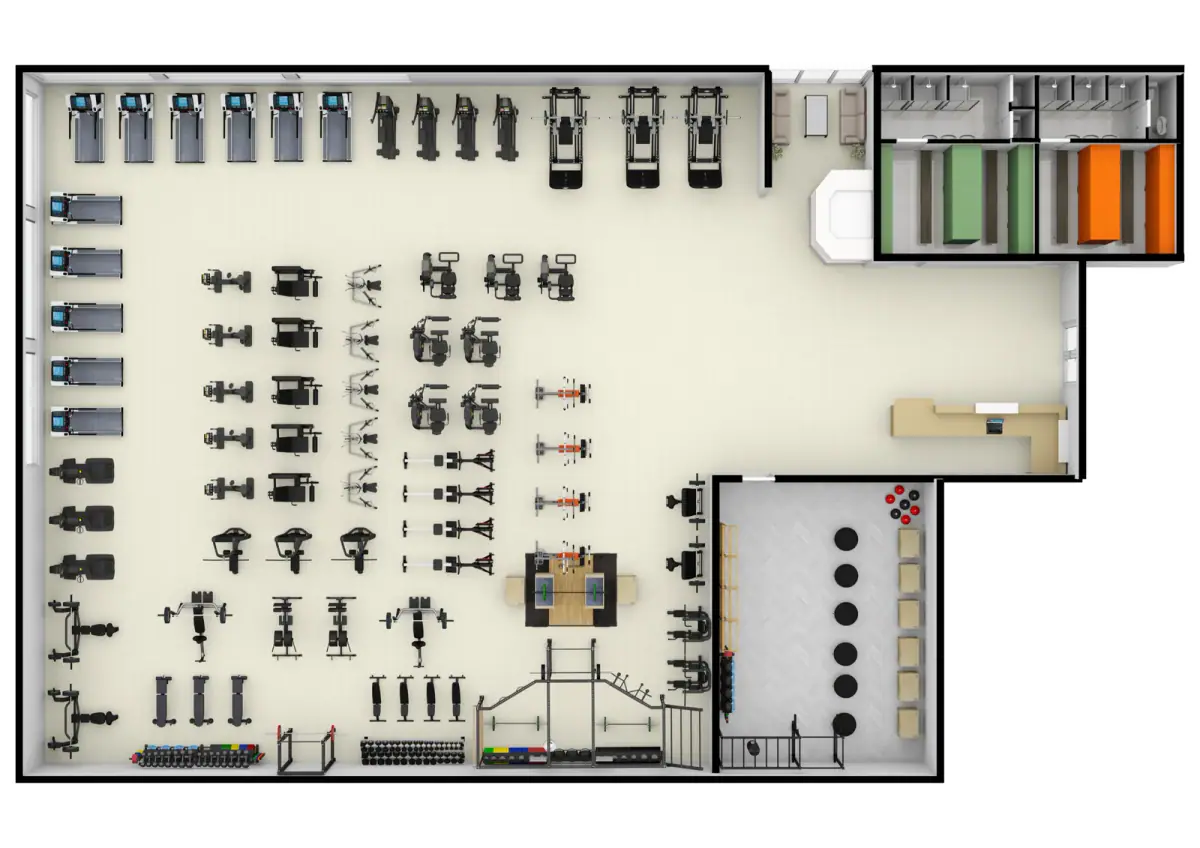 A 3D illustration of a gym floor plan layout, relevant to reading a floor plan of a training room