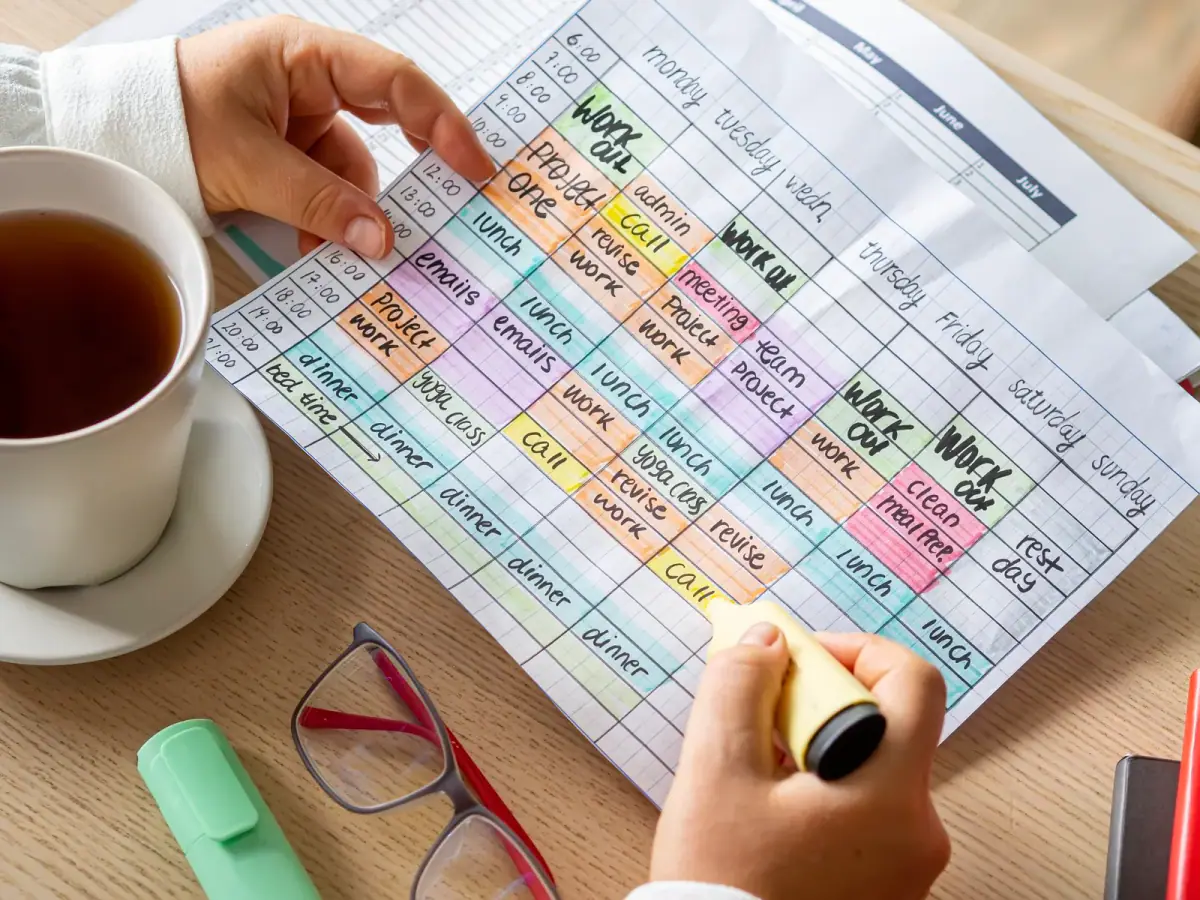 Hands holding a weekly time blocking calendar, relevant to setting recurring client time slots
