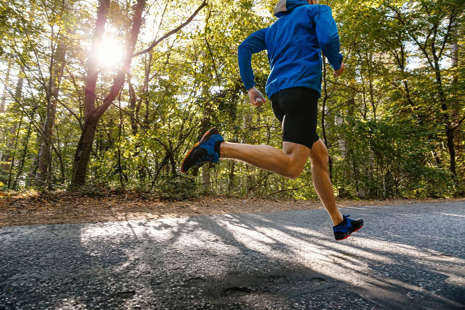 A runner striding down a sunlit paved trail lined with trees