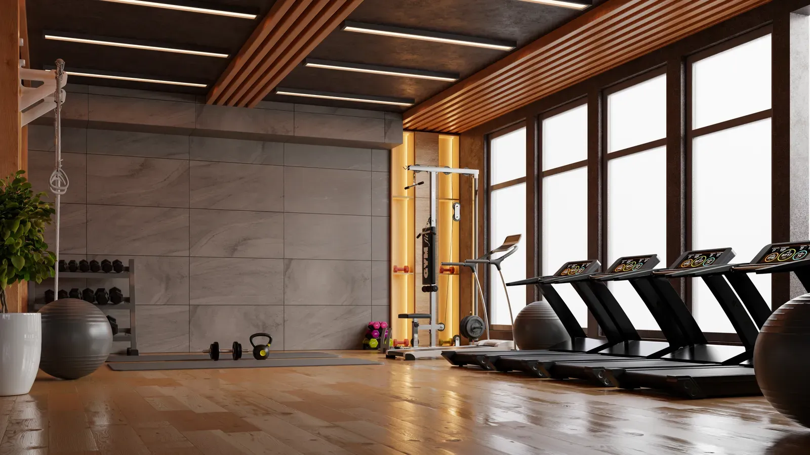 Calm, uncluttered gym room with equipment neatly arranged