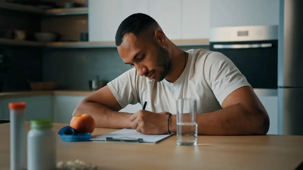 A sports nutritionist sitting at a table and writing, relevant to a dietitian working from a training facility