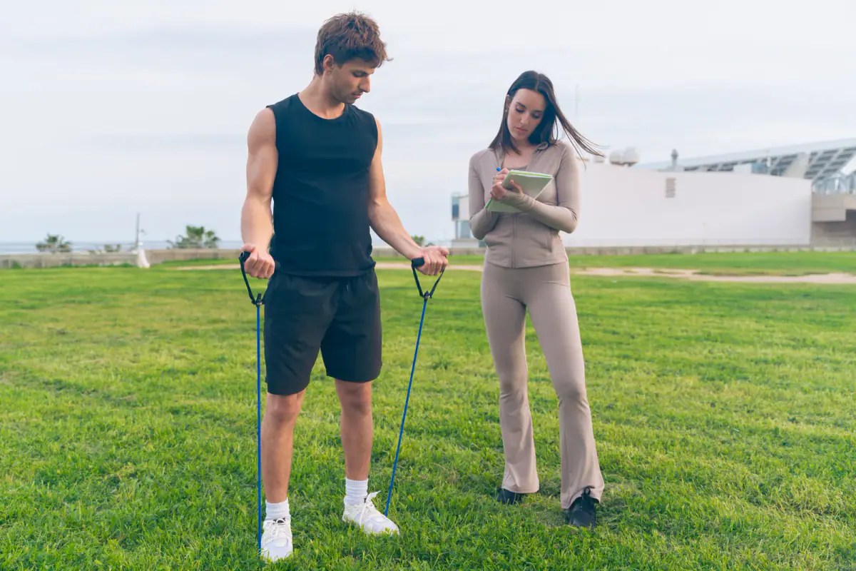 A man exercising with a resistance band outdoors while a woman writes training notes, a low cost way to start