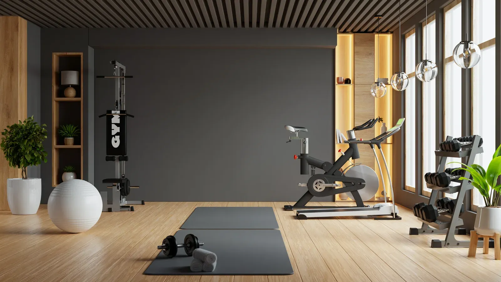 Unoccupied modern gym room ready for a session